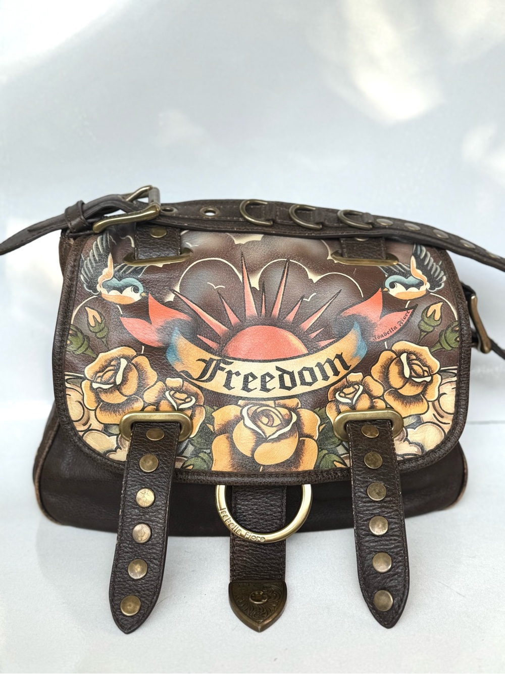 Rare Isabella Fiore brown bag with tattoo style